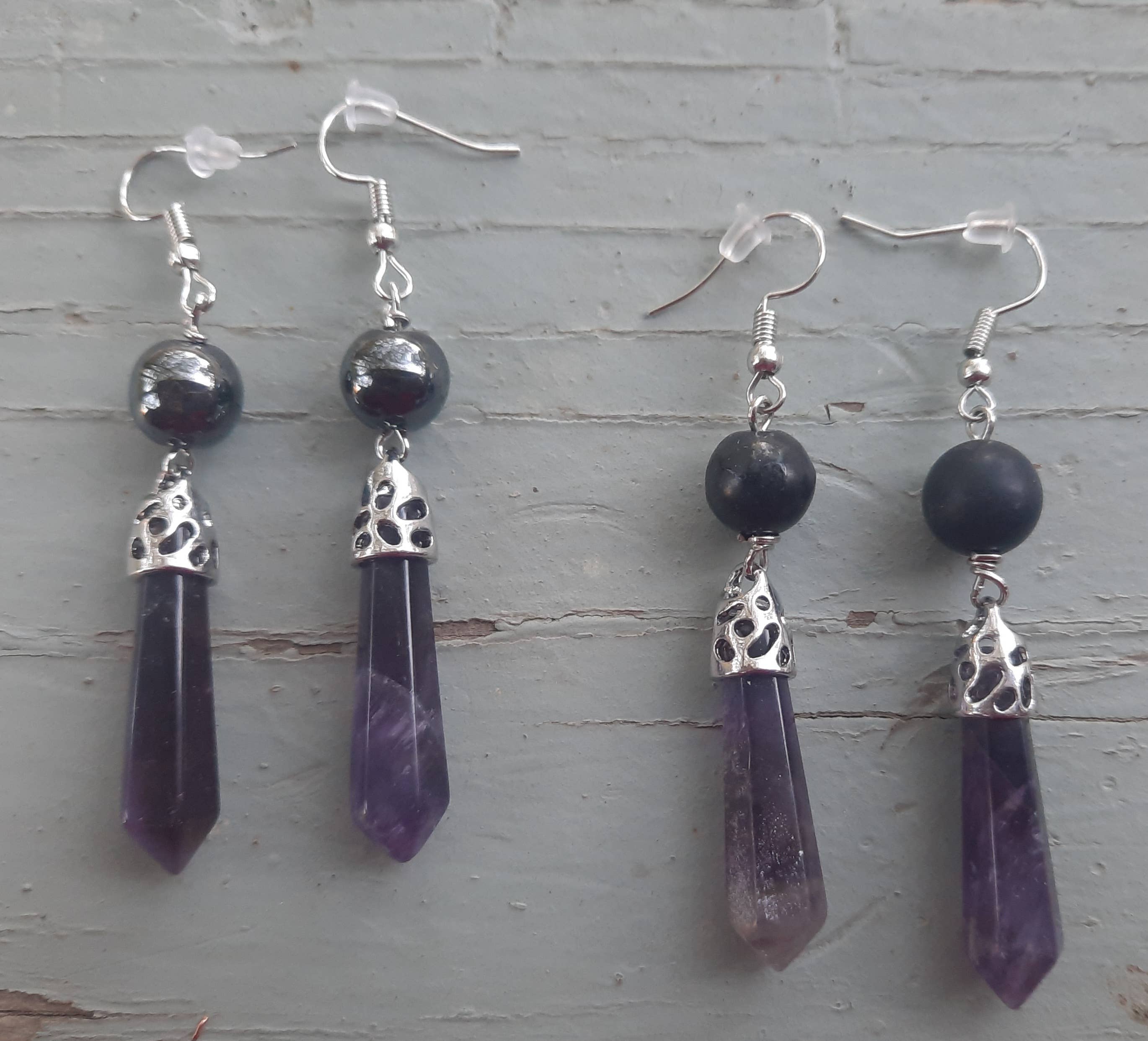 Secret Synergy Stones - Vente Boucles d'oreilles pendantes - Boucles d'oreilles EMF 5G - améthyste, shungite, tourmaline noire, hématite7