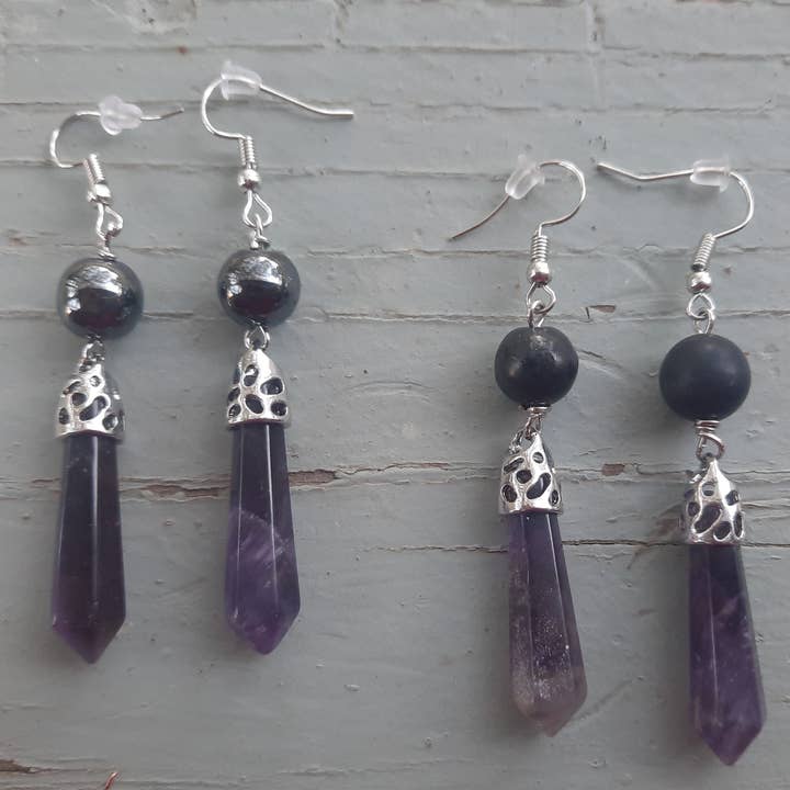Secret Synergy Stones - Vente Boucles d'oreilles pendantes - Boucles d'oreilles EMF 5G - améthyste, shungite, tourmaline noire, hématite7