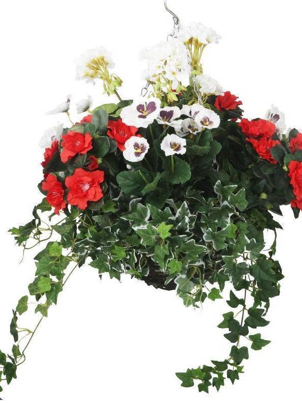 Artificial Red Azalea, White Pansy and Geranium Display in a 12" Round Willow Hanging Basket for wholesale by Closer2Nature