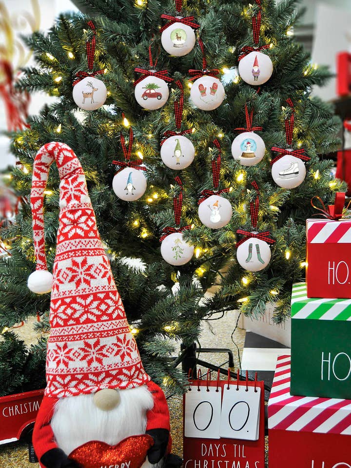 Rae Dunn Assorted Christmas White 60mm Glass Ornament Boxed Set (12 Pieces) for wholesale by DesignStyles Home