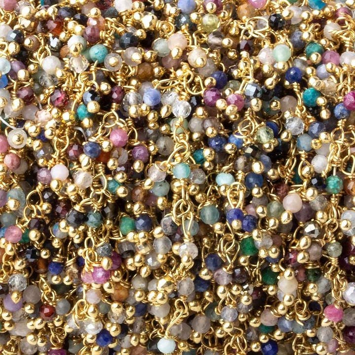 Multi Gemstone 2mm micro faceted round Gold Dangling plated Chain for wholesale by The Bead Traders
