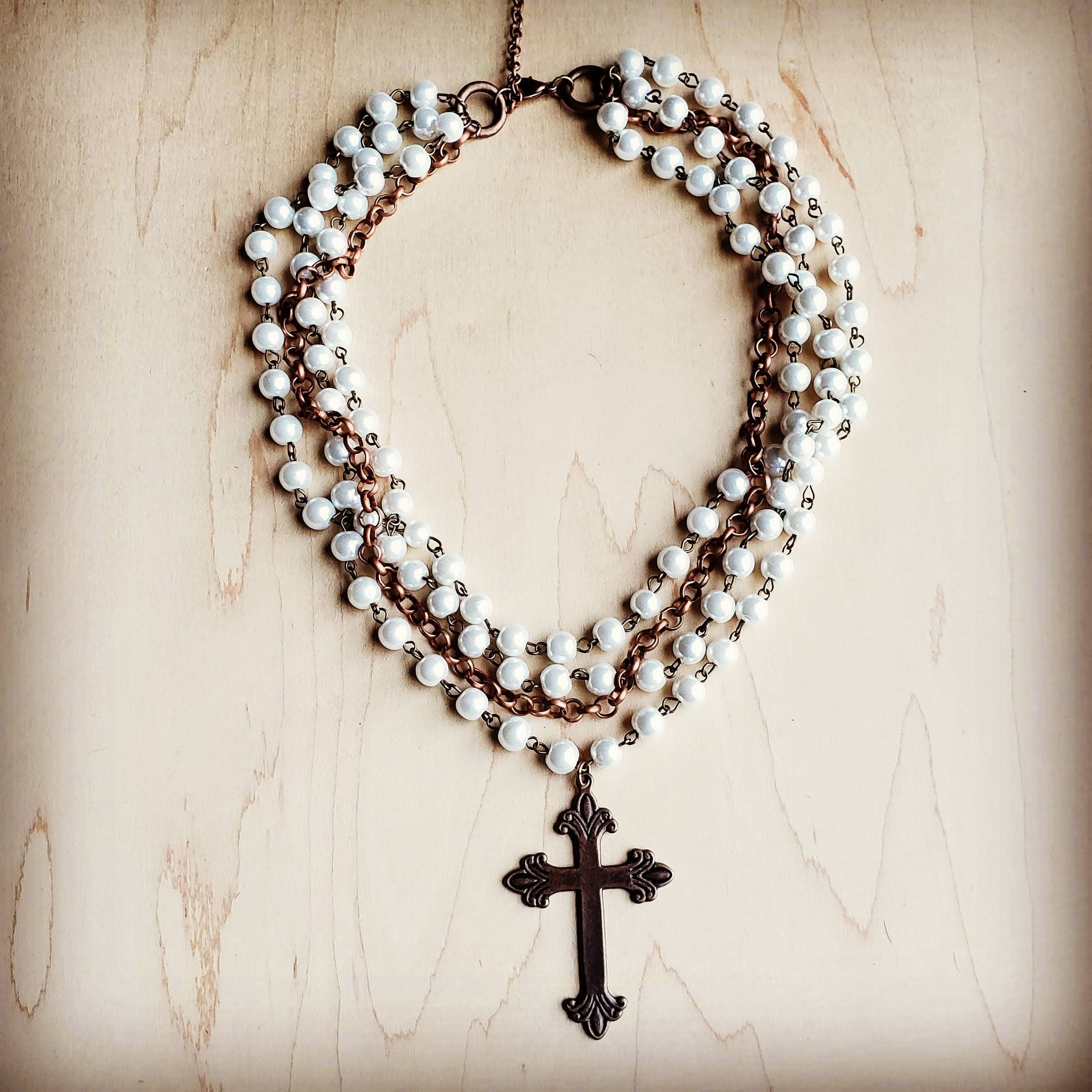 The Jewelry Junkie - Wholesale Pendant/Charm Necklace - Pearl and Copper Beaded Collar Necklace with Copper Cross 114G1