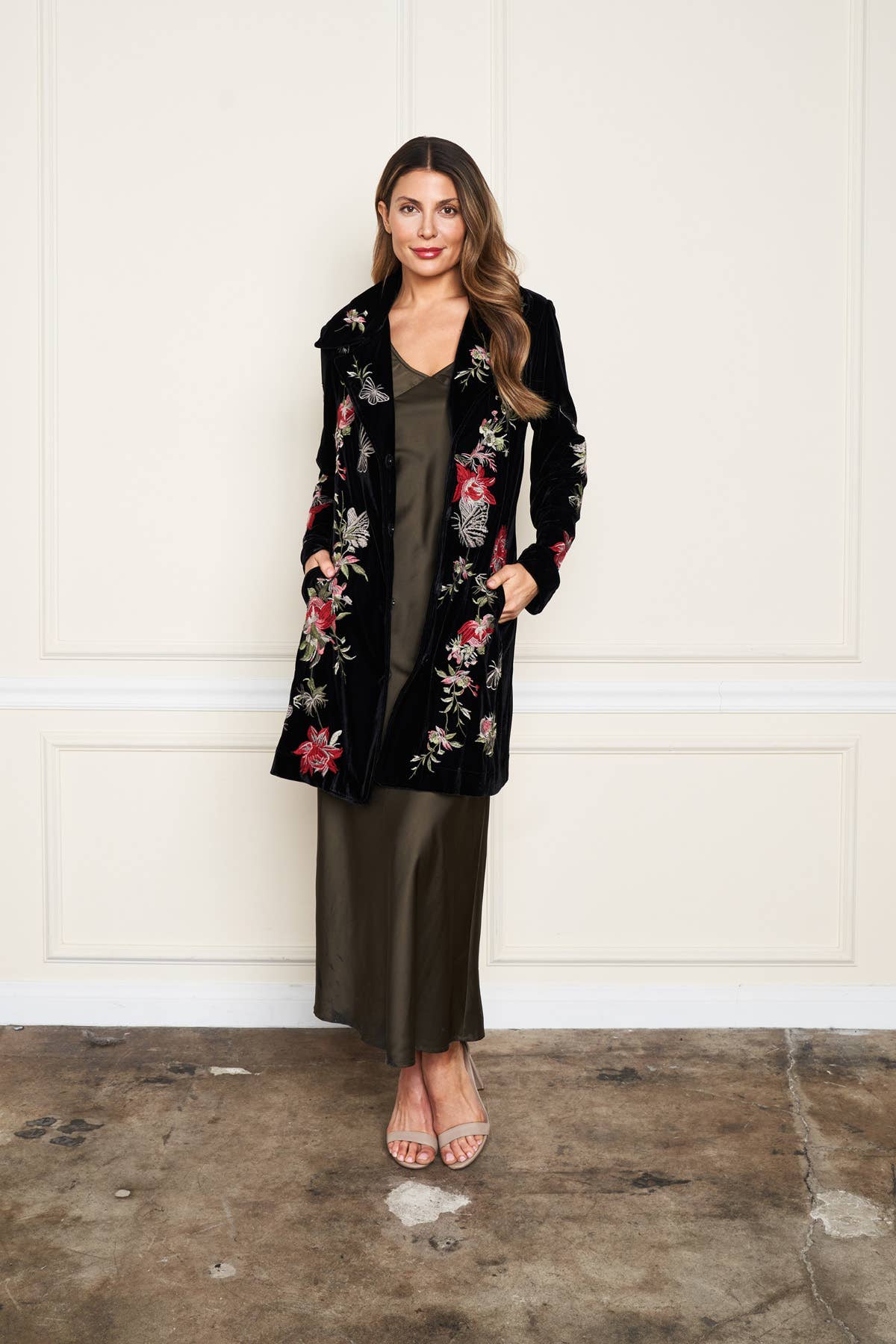 Black 5675-MAJ Embroidered Velvet Coat for wholesale on Faire2