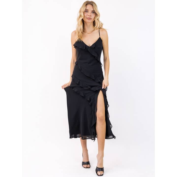 Black SOLID AZURE RUFFLE CHIFFON DRESS_7D2486-A for wholesale on Faire