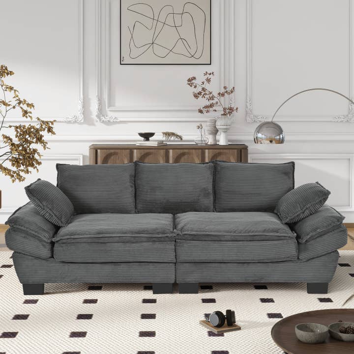 U-Style 85.4"Modern Curved Sofa with Throw Pillows, Corduroy for wholesale by 39F Inc.
