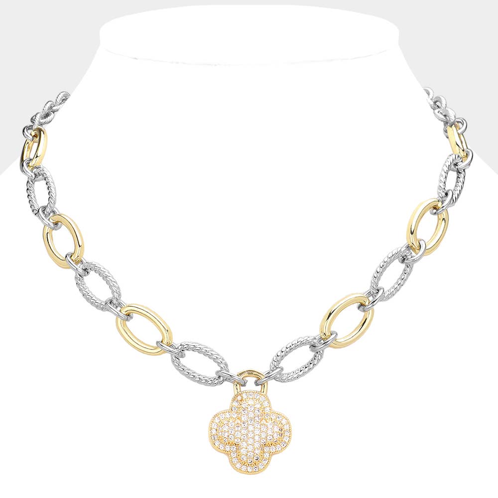 Sensibling Corp. - Wholesale Pendant/Charm Necklace - CZ Stone Paved Quatrefoil Pendant Two Tone Textured Metal Necklace2