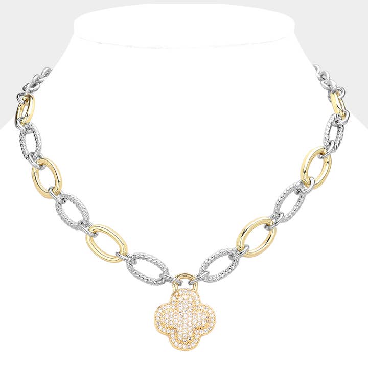 Sensibling Corp. - Wholesale Pendant/Charm Necklace - CZ Stone Paved Quatrefoil Pendant Two Tone Textured Metal Necklace2