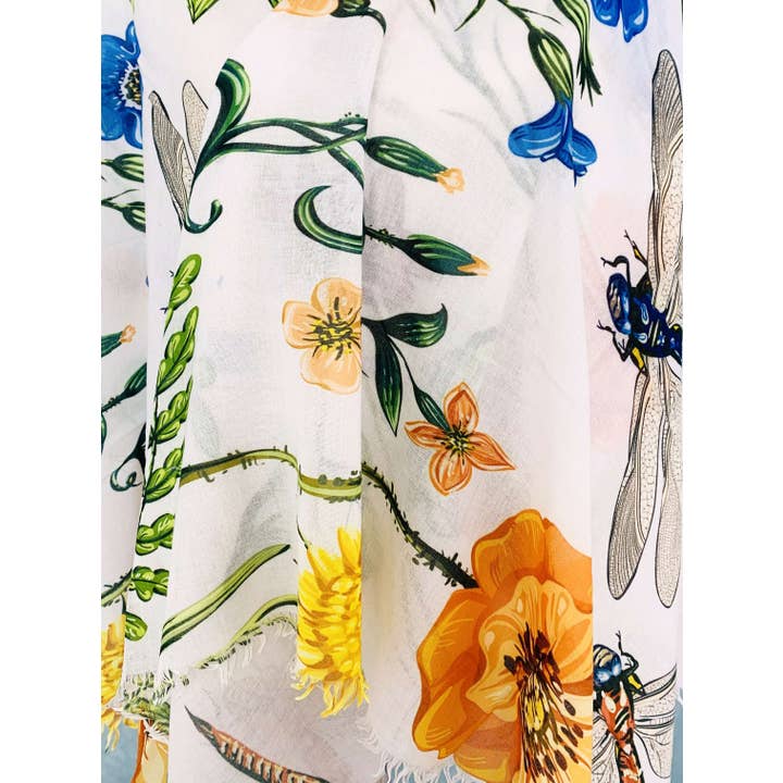 JC Sunny Fashion - Wholesale Scarf - Women's - White-Multi Dragonfly & Floral Scarf/Shawl