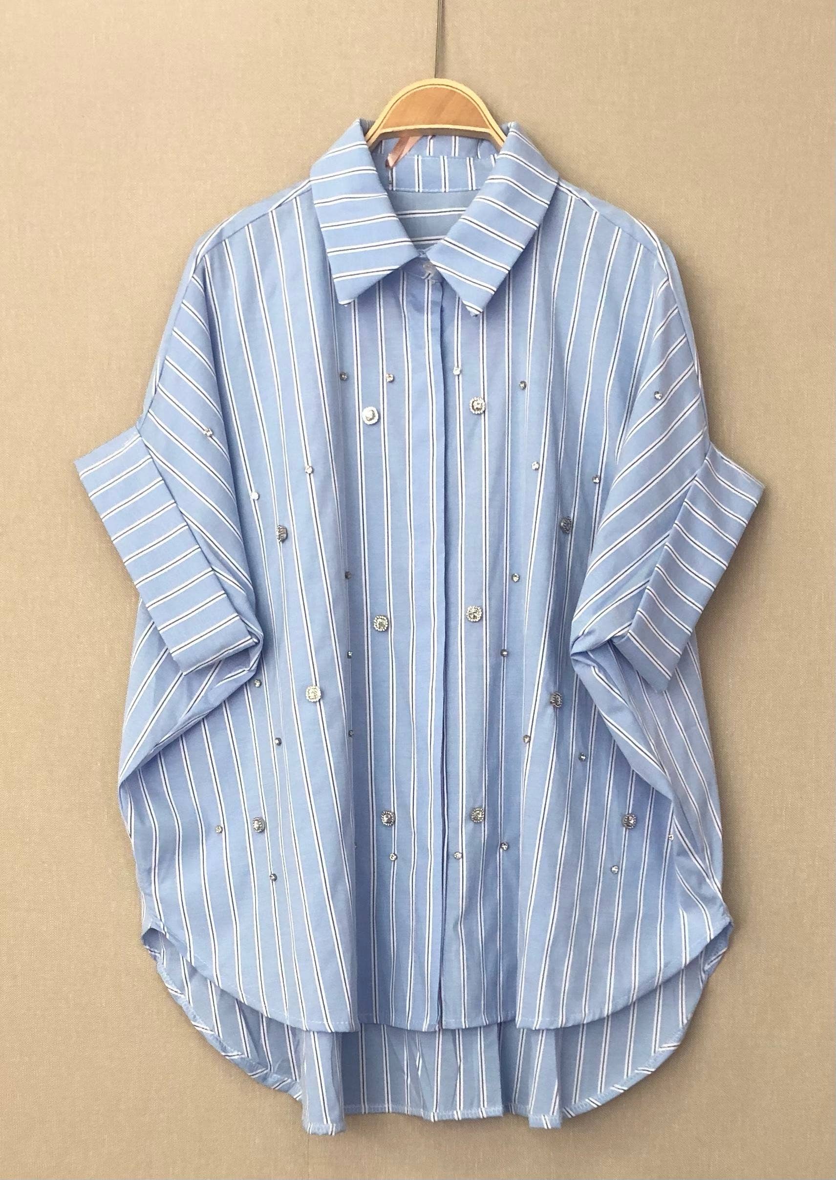 SWEET MAGIC MODA Y COMPLEMENTOS – Camisa com botões no colarinho – Mulher por atacado – Camisa listrada de algodão, pacote com 2 unidades3