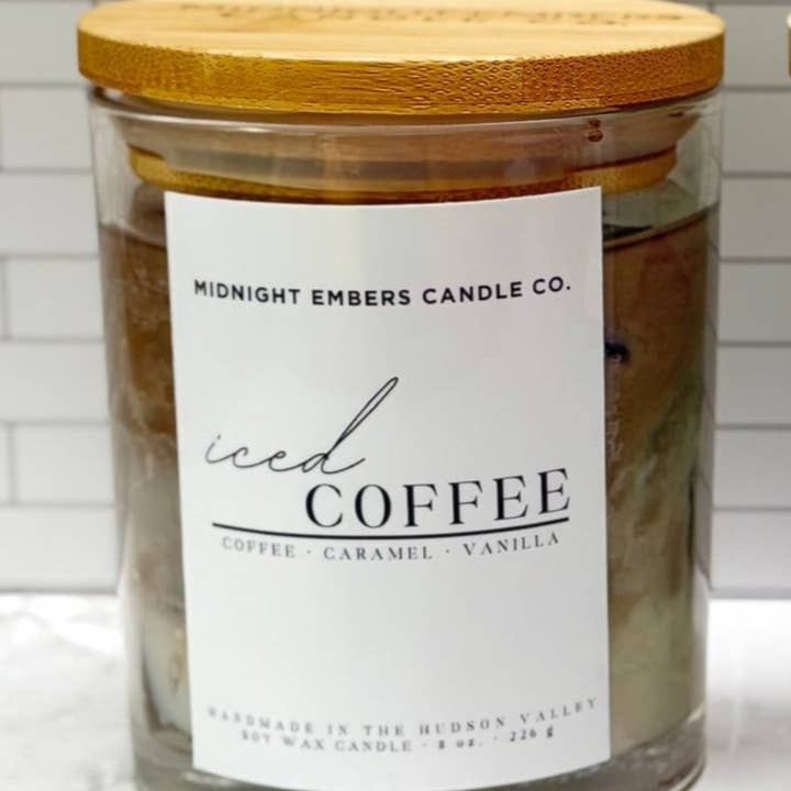 Midnight Embers Candle Co. - Wholesale Jar/Filled Candle - Iced Coffee  | 8 oz. Glass Hand Poured Candle + Bamboo Lid0