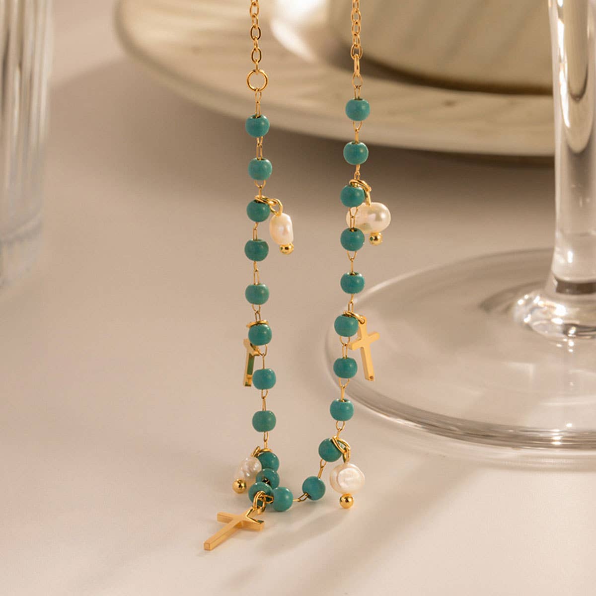 TYPE  FRENCH TURQUOISE CROSS PENDANT NECKLACE_CWAJE0616 for wholesale on Faire3