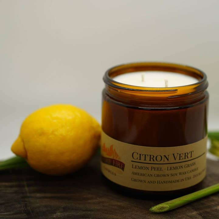 Citron Vert Soy Wax Candle | 16 oz Double Wick Amber Apothecary Jar for wholesale by VIAI Beauty