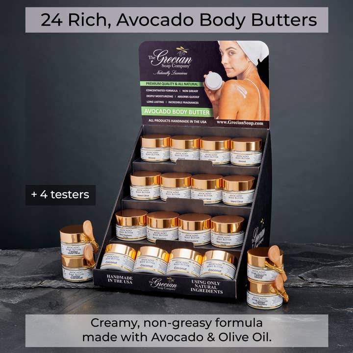 Avocado Body Butter Display โ 24 Jars + Testers Included for wholesale by The Grecian Soap Company