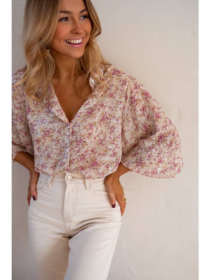 Pink Bishop Sleeve Collared V Neck Shirt for wholesale on Faire8