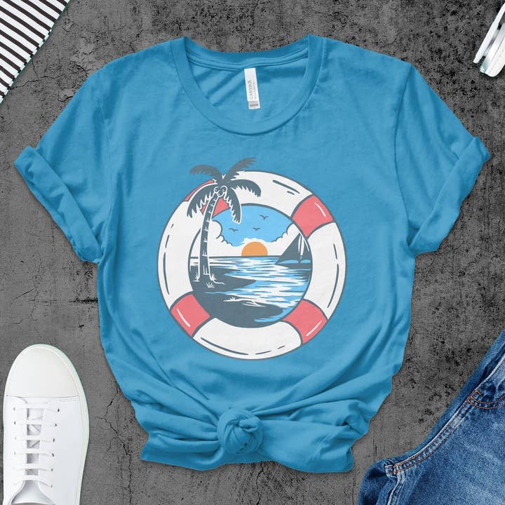 Tropical Paradise Scene T-Shirt, Beach Sunset Graphic Tee, Ocean View with Palm Tree Unisex Shirt for wholesale by Howlydog Studios