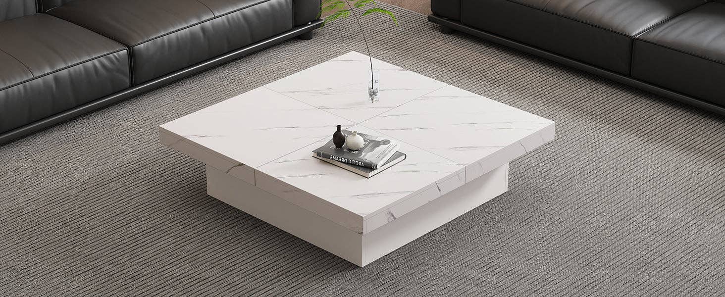 Urban Meuble - Wholesale Side Table - Modern white square coffee table with marble effect, 4 drawers, sliding top 90x90x25cm KHEKRIED61