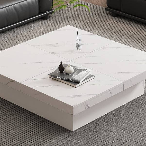 Urban Meuble - Wholesale Side Table - Modern white square coffee table with marble effect, 4 drawers, sliding top 90x90x25cm KHEKRIED61
