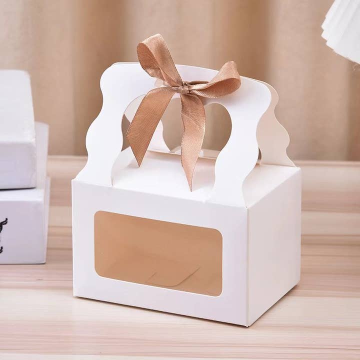 ByHome - Wholesale Gift Box - 25pcs, 2 size kraft white window wavy handle gift box ribbon