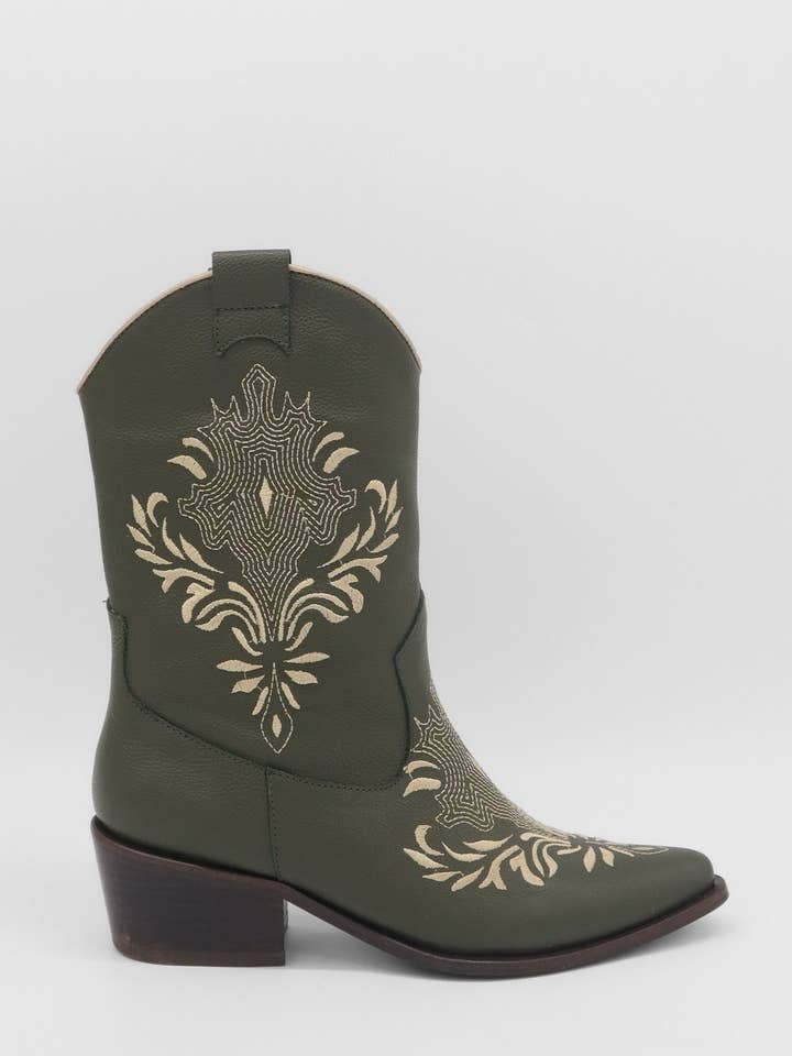 Stivali da cowboy western Knox in pelle oliva scarpe da donna per la vendita all'ingrosso da parte di STIVALI NEW YORK