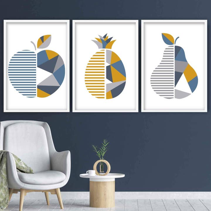 GEOMETRIC 3 Piece Yellow & Blue Fruit Kitchen Art Prints for wholesale by Artze Wall Art