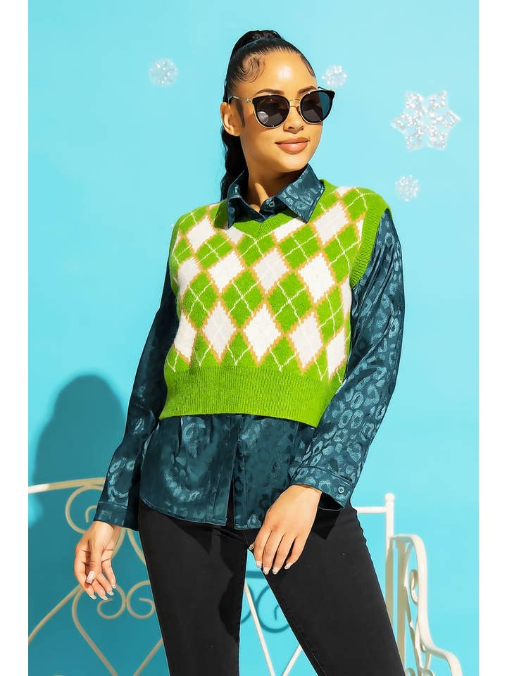 Sweet Generis - Venta al por mayor Chaleco de punto - Mujer - CHALECO CON CUELLO EN V Y PATRÓN DE ARGYLE DE PUNTO GRUESO2