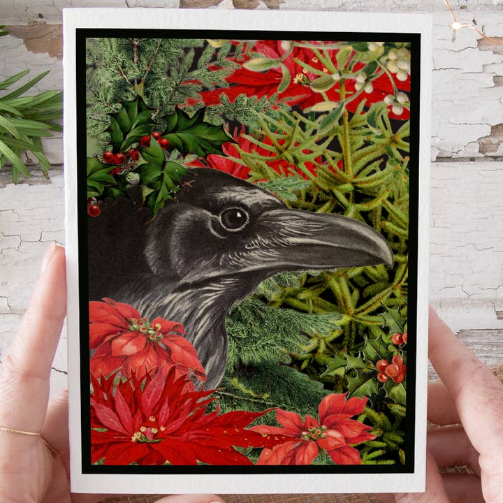 Christmas Card. Vintage Raven in Xmas Greenery. for wholesale by Cheerful Whimsies