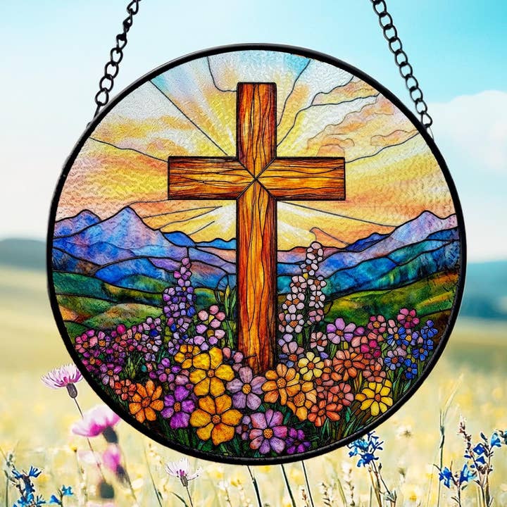 Kristent kors glasmosaik solfanger, religiøs kunst for engroshandel hos NVC Ecommerce LLC