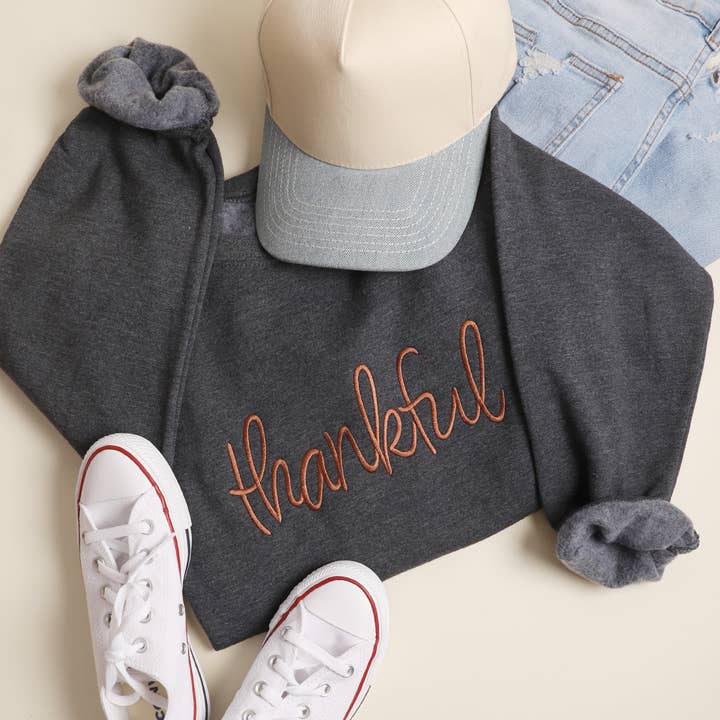 Thankful cursive Embroidered Heavyweight Sweatshirt for wholesale by Fashion City