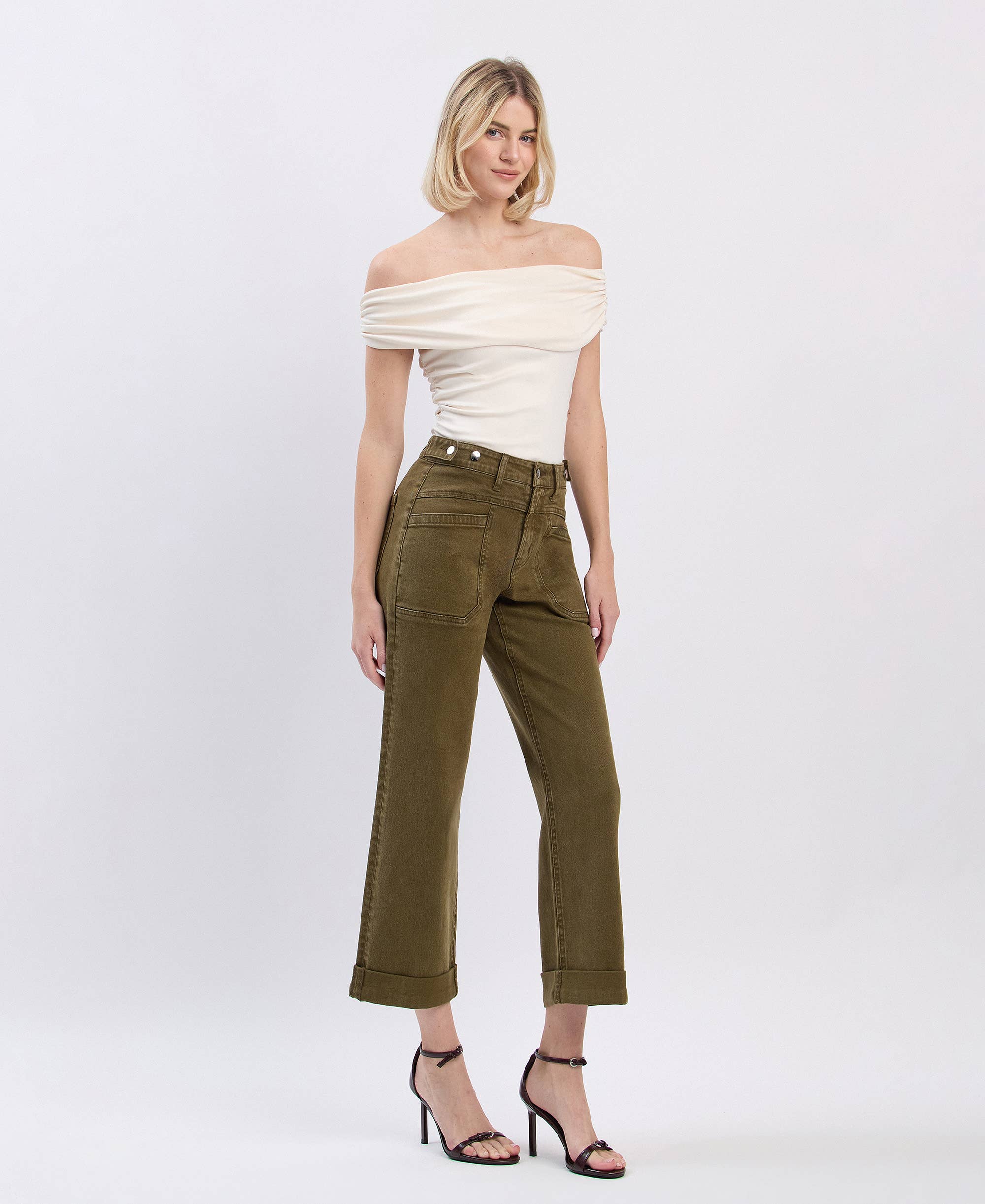 DARK OLIVE HIGH RISE TAB WAISTBAND CUFFED SLIM WIDE JEANS F5920DOL for wholesale on Faire9