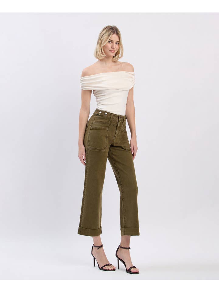 DARK OLIVE HIGH RISE TAB WAISTBAND CUFFED SLIM WIDE JEANS F5920DOL for wholesale on Faire9