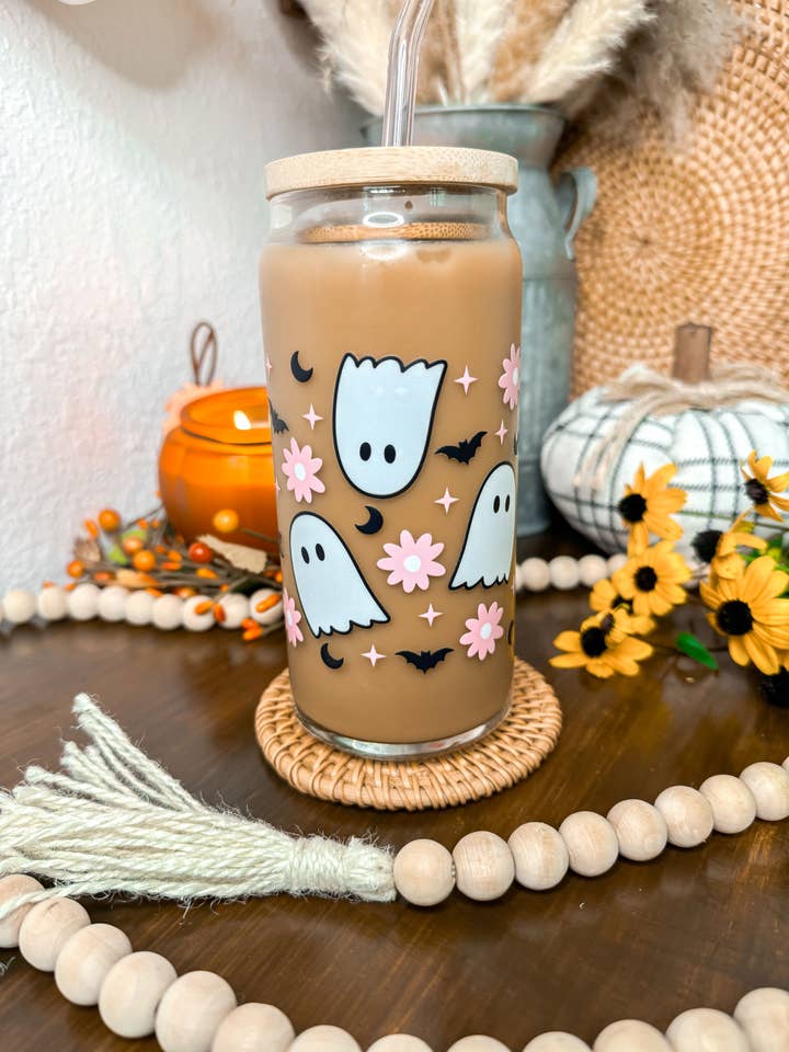 Floral Ghost 16oz & 20oz Halloween Glass Cup for wholesale by Curly Tailed Designs