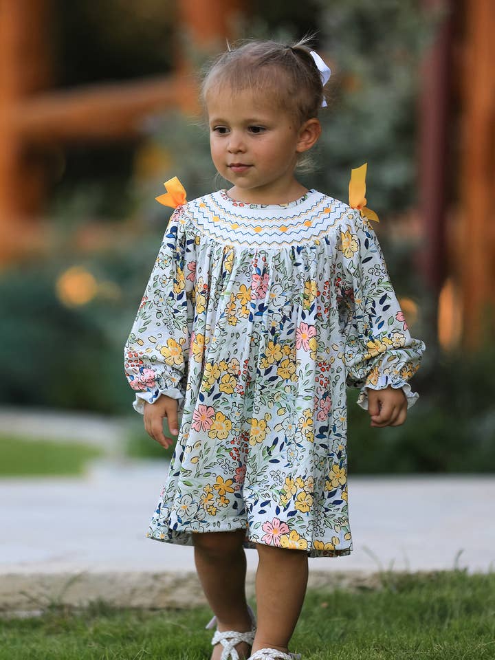 Fall Embroidery Smocking Bow Floral Leaf Baby Girls Dress for wholesale by Rylee Faith Designs