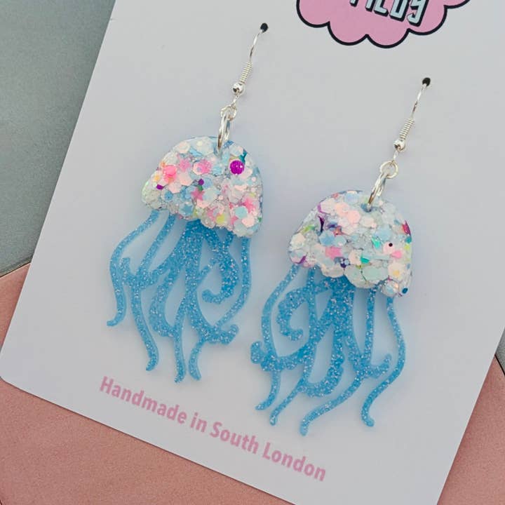 By Heather Filby - Wholesale Dangle Earrings - Blue Iridescent Jellyfish Glitter Earrings - Best Seller2