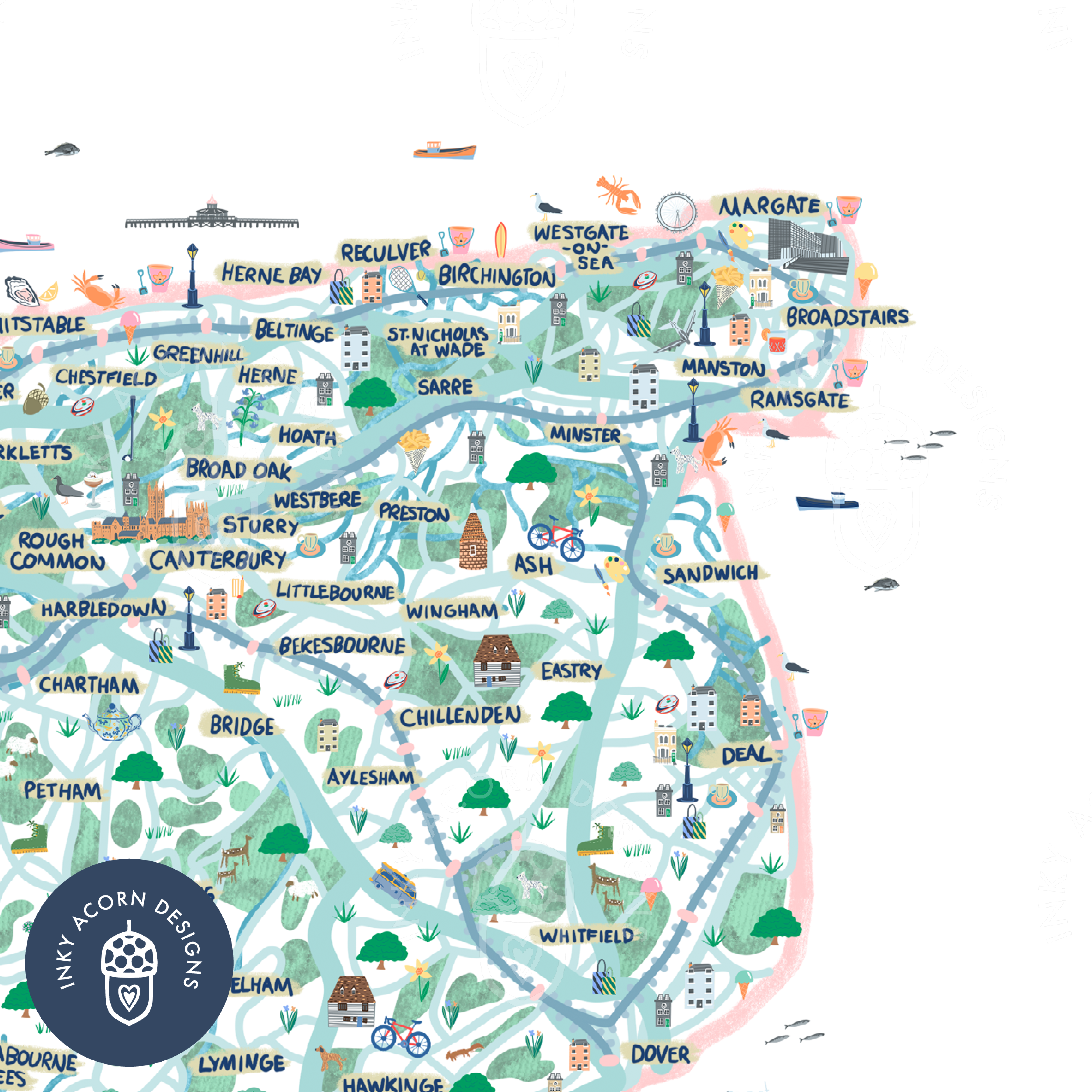 Inky Acorn Designs - Wholesale Art Print - Kent Illustrated Map Signed Art Print1