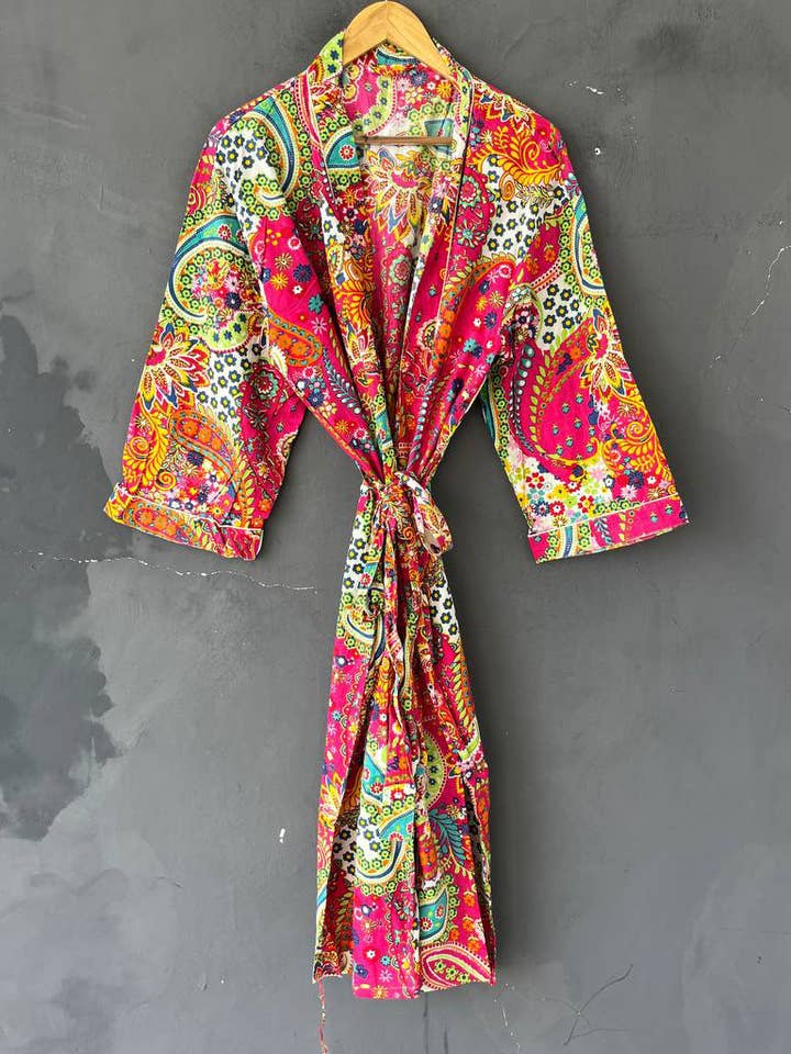 Bata de noche tipo kimono de algodón con estampado de bloques único para venta al por mayor de Bhawana Handicrafts