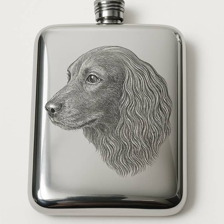 Spaniel English Pewter 6oz Flask. SKU #: C1047. for wholesale by Corbell Silver