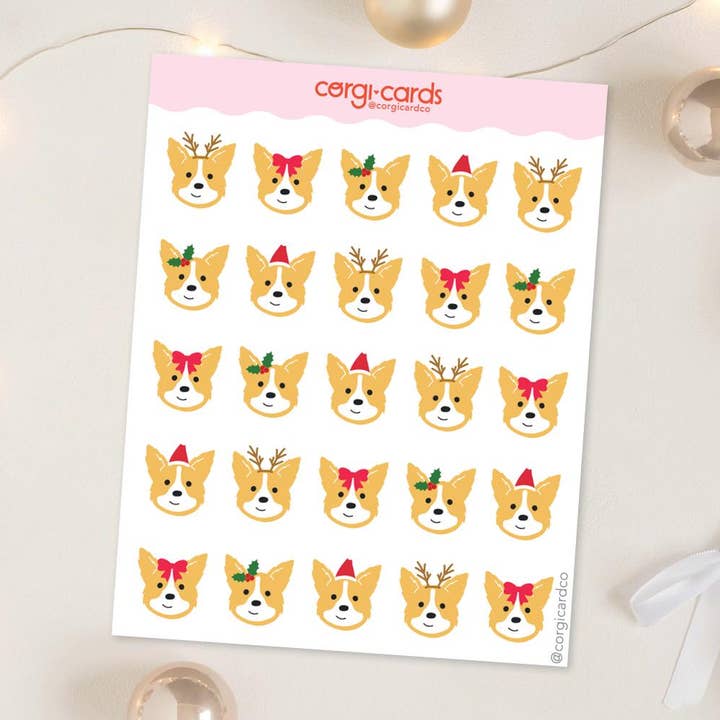 Christmas Corgi Holiday Stickers - 25 sticker sheet for wholesale by corgicardco