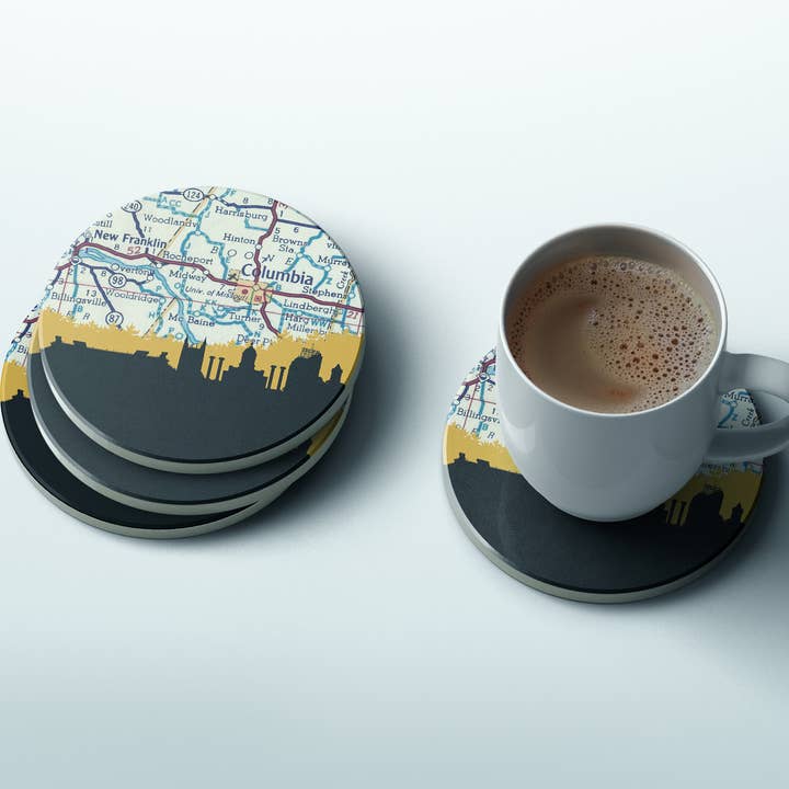 Columbia Missouri Satz von 4 Untersetzern | Karte + Skyline für den Großhandel von Paperfinch Design