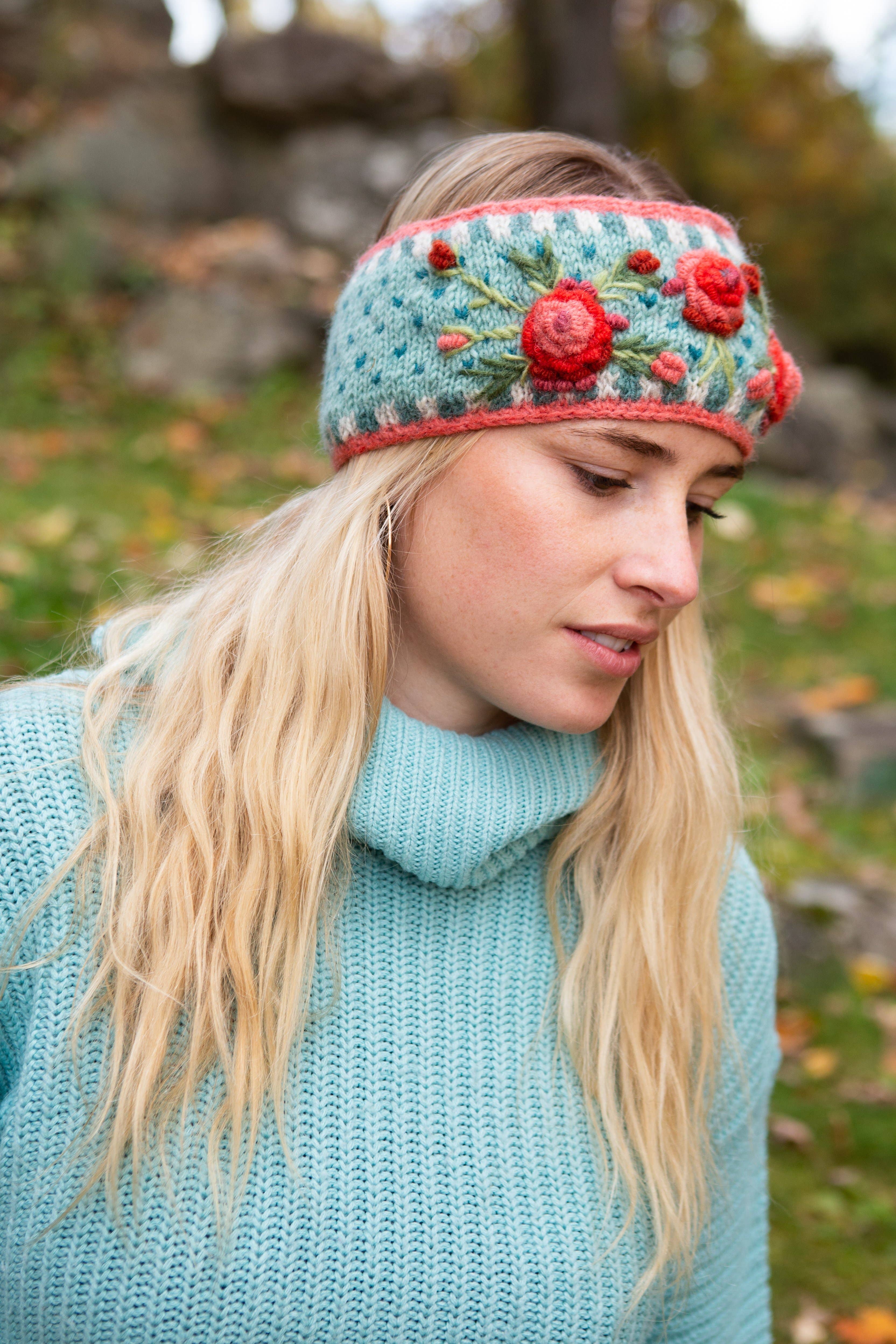 Lost Horizons Knitwear – Ships from USA - Wholesale Fashion Headband - Women's - Aubrey Headband - Hand Knit Wool Floral Embroidery2