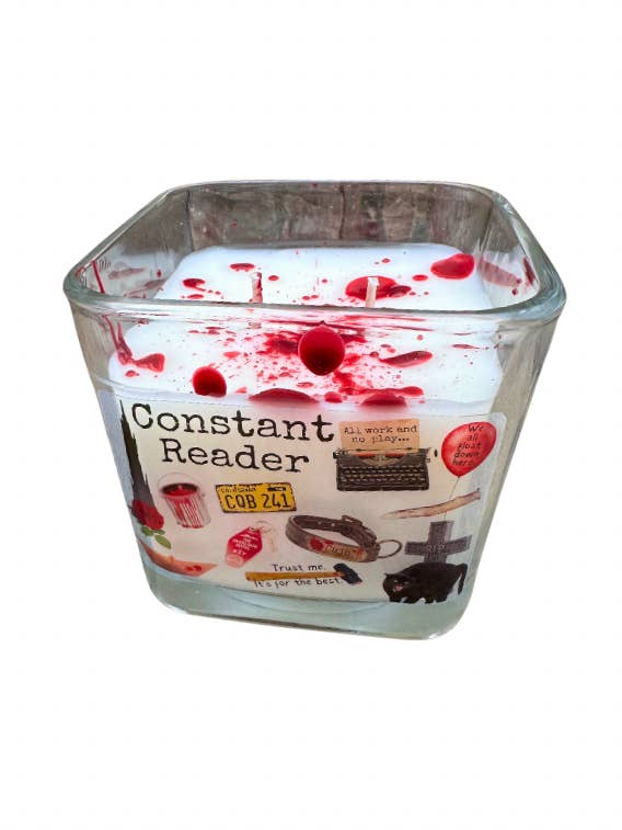 Stephen King Square Blood Splatter Double Wick Soy Blend Candle Constant Reader for wholesale by Grand Rapids Candle Company