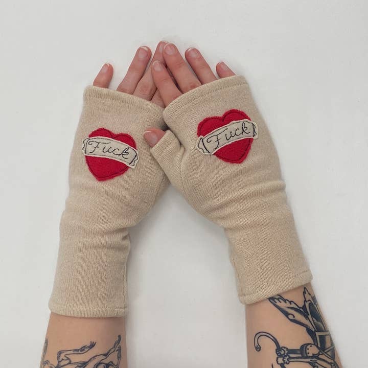 Sardine Clothing Co. - Wholesale Gloves - Women's - Fingerless Cashmere Gloves-Tattoo Heart Fuck4