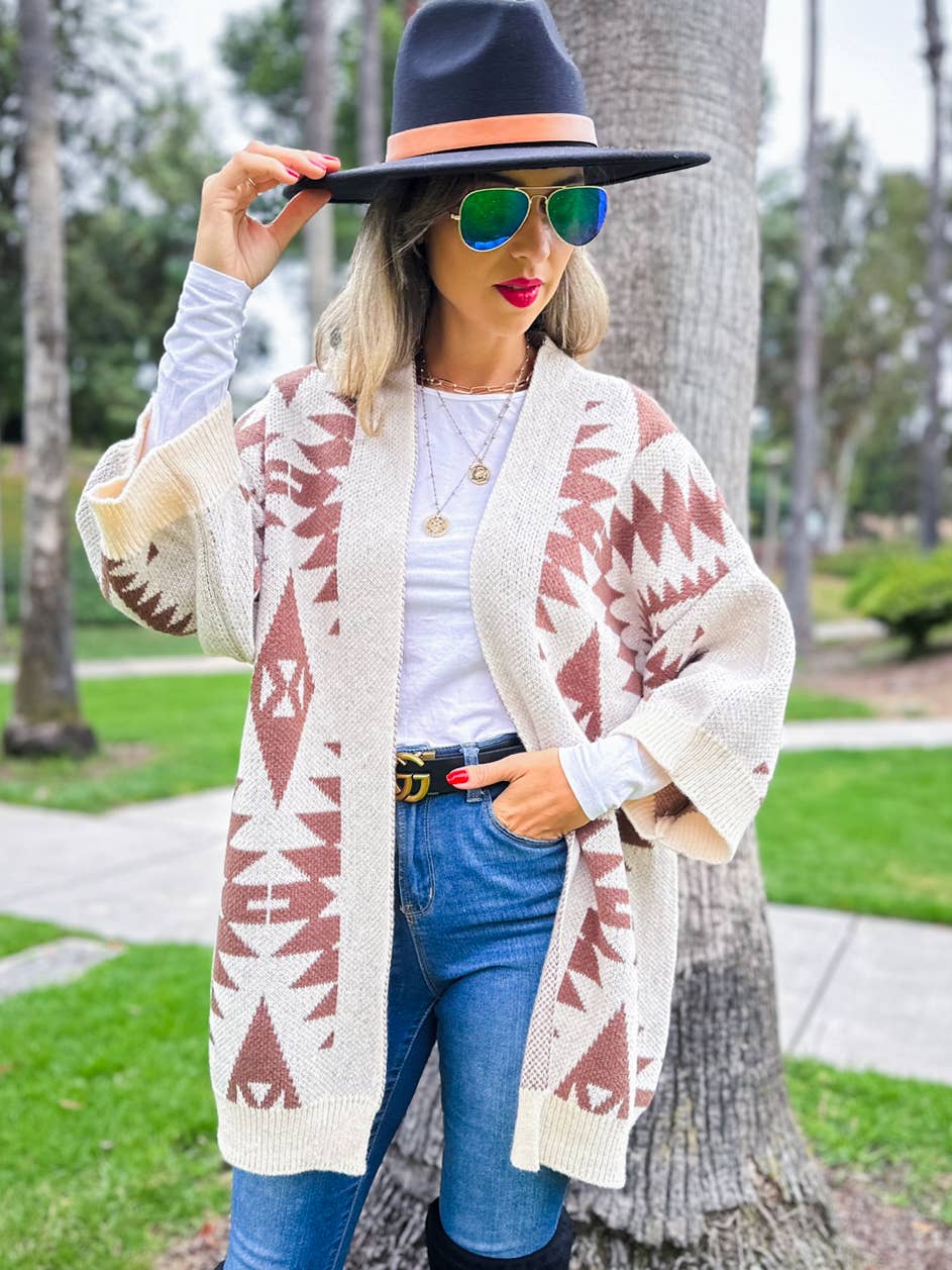 Brown Open Front Aztec Printed Knitted Cardigan for wholesale on Faire2