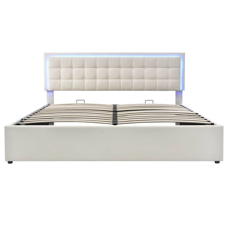 Urban Meuble - Wholesale Bed - White PU double storage bed with high padded headboard, LED lighting 160*200cm STUDDU3