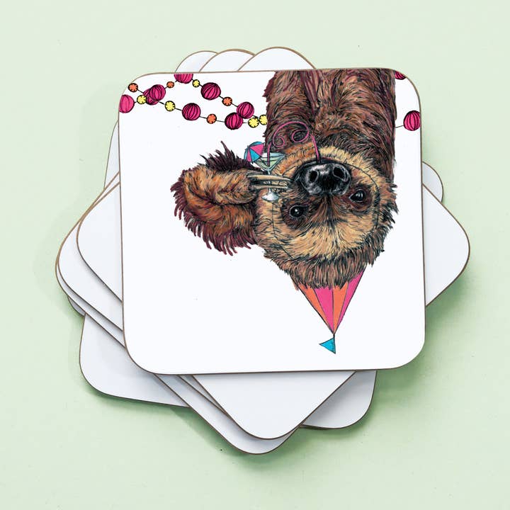 Party Sloth Drinks Coaster | Cork Coaster | Funny Coaster for wholesale by Fawn & Thistle Ltd (US Duties Paid)