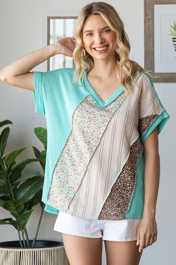 7th Ray - Wholesale Tunic - Women's - Multi Fabric Patchwork V neck Short Sleeve Top T59417