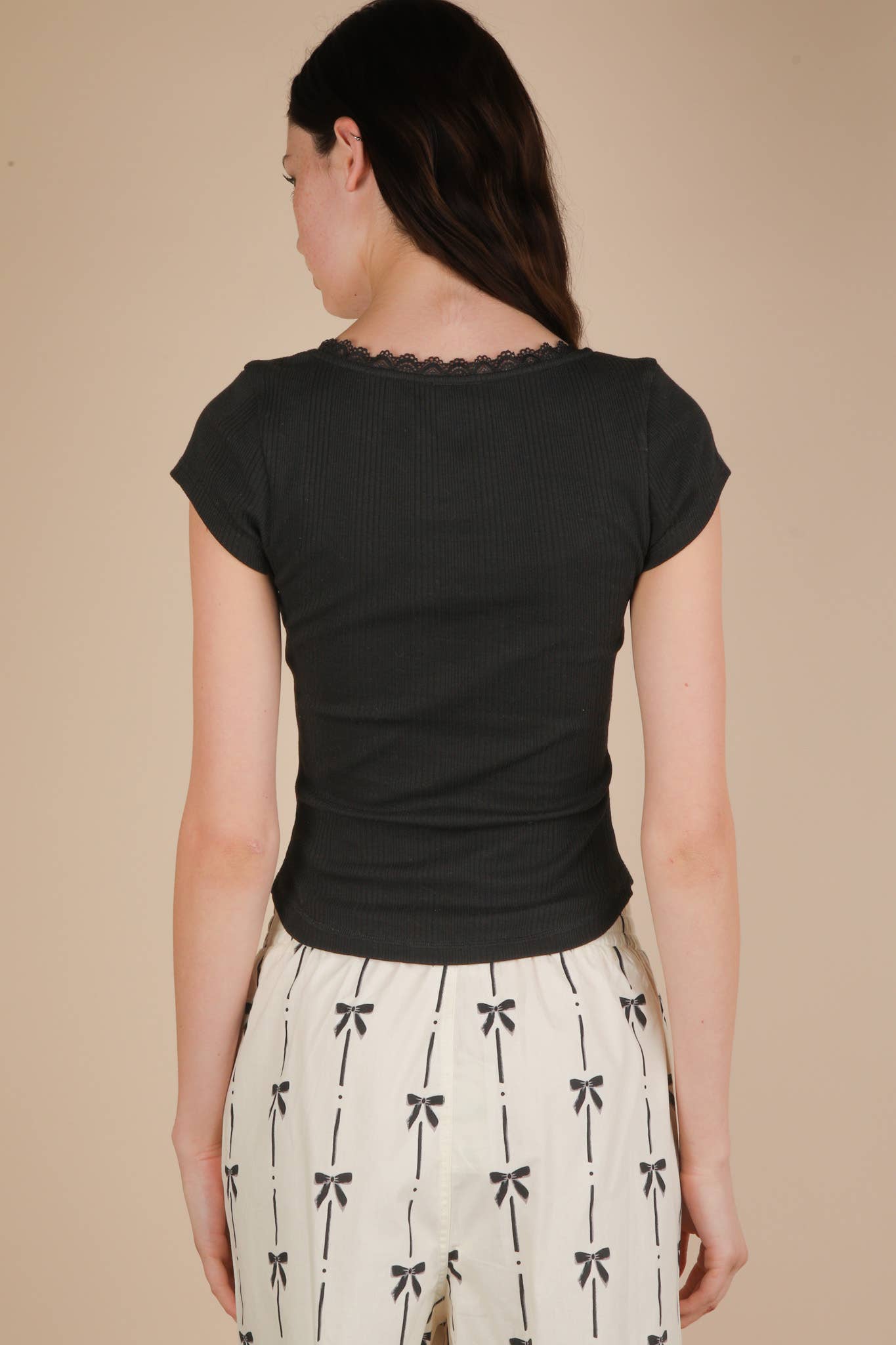 VERY J - Vente Haut en maille – femme - NT12169-Haut en maille côtelée avec dentelle et nœud3