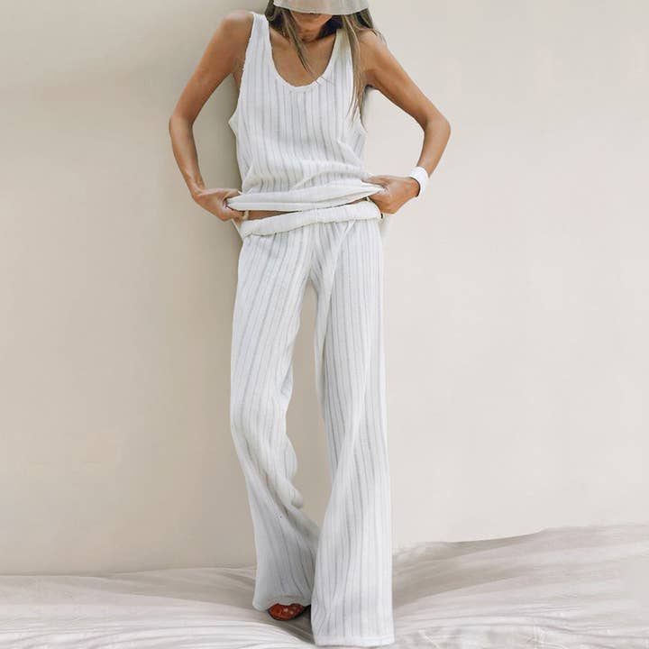 White Stripe Vest Pants Comfortable Homewear Women Casual Suitable Daily Wear Pajamas for wholesale on Faire1