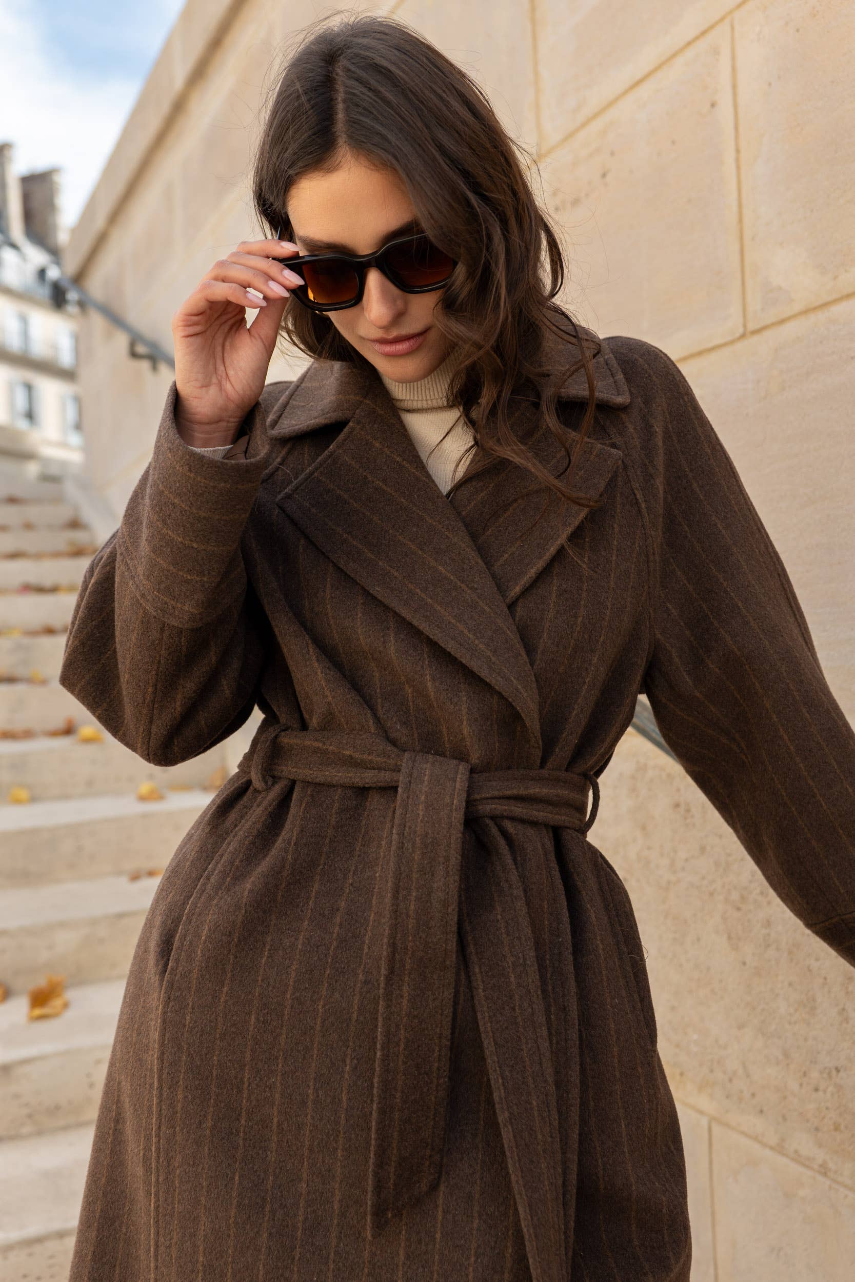 Attentif Paris - Wholesale Coat - Women's - Long coat in fine striped wool blend11