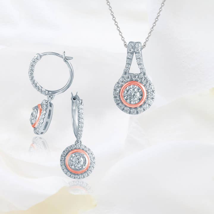 Fifth and Fine - Wholesale Jewelry Set - Set of 2 3/4CT TW Diamond Round Halo Fashion Pendant & Earri8