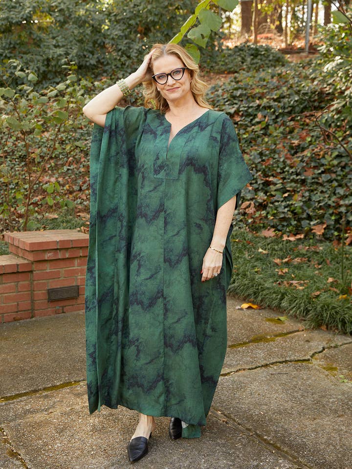 Grace Caftan, Emerald Marble Print for wholesale by Dessous Loungewear